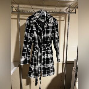 Tahari Black and White Checkered Trench Coat